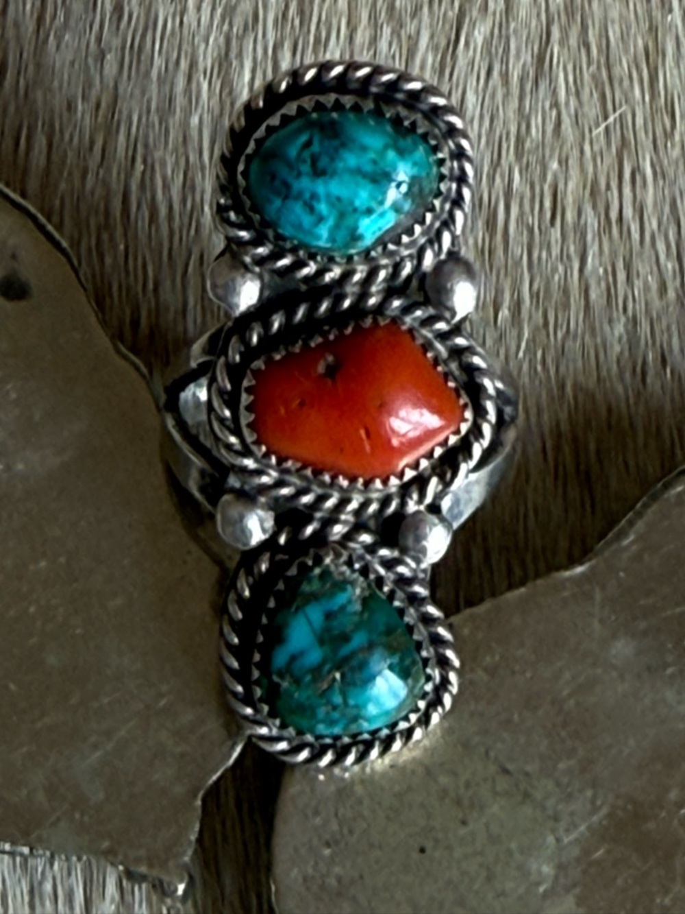Turquoise & Coral Inlay Dangle Earrings and Ring Set - Picture 6 of 9